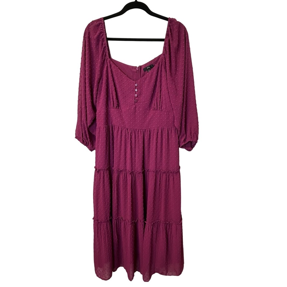J.Crew‎ Berry Swiss Dot Dress Chiffon Tiered Midi Prairie Ballon Sleeve Size 16